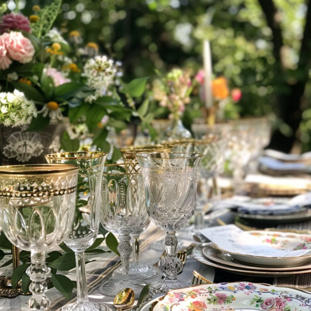 Gold rimmed glasses on an outdoor table with flowers. 