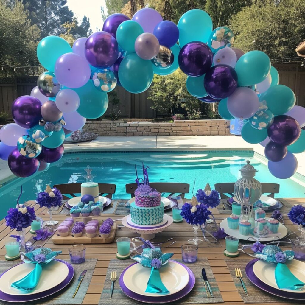Outside pool area with a table decorated in a mermaid theme with blue and purple balloons. 