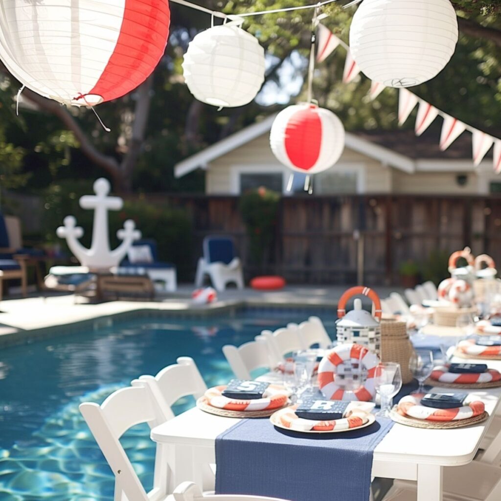 Pool party with a nautical theme.