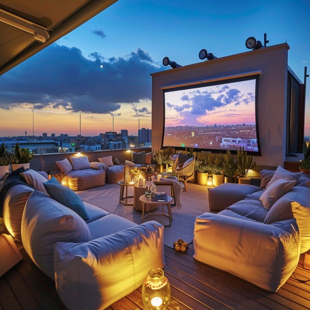A rooftop deck with couches and a movie screen.

