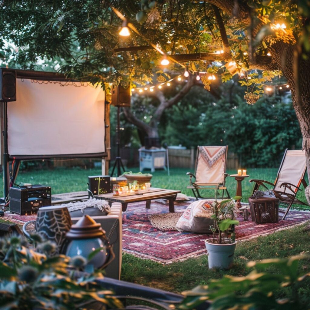 Outdoors with a rug, chairs, and a movie screen.