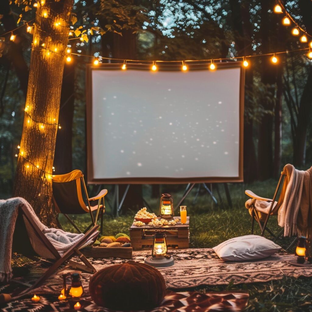 Backyard with a movie screen, lights, chairs, and  popcorn. 