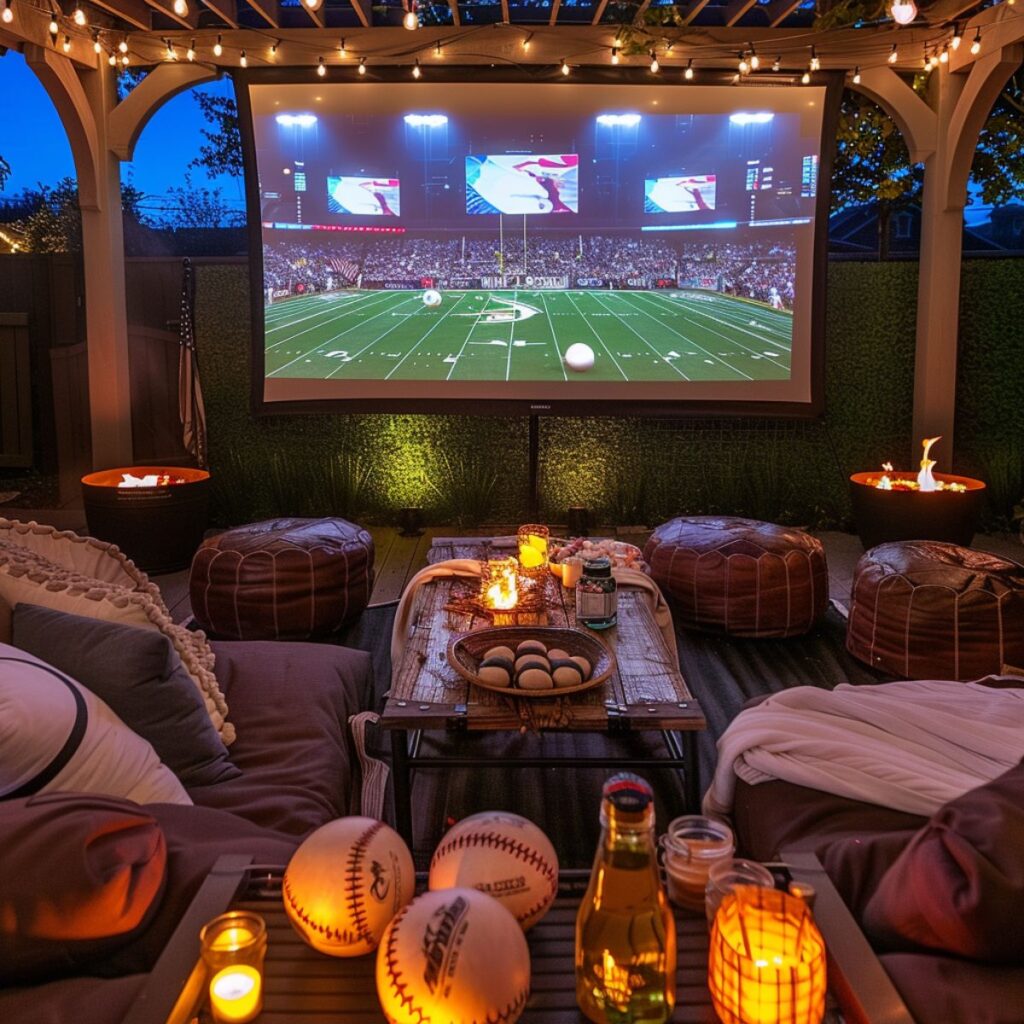 Backyard outdoor movie with comfortable seating and candles.