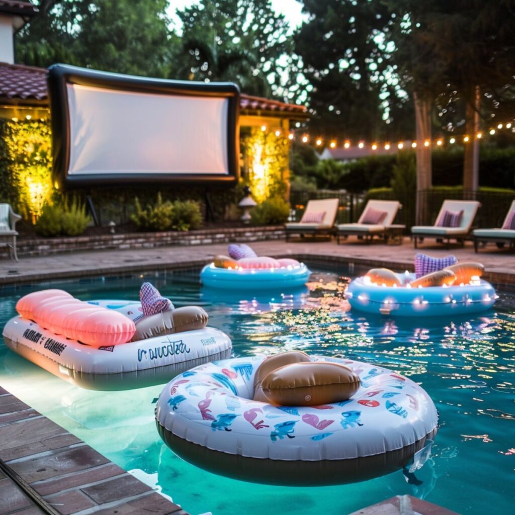 A swimming pool with floats and an outdoor movie screen.