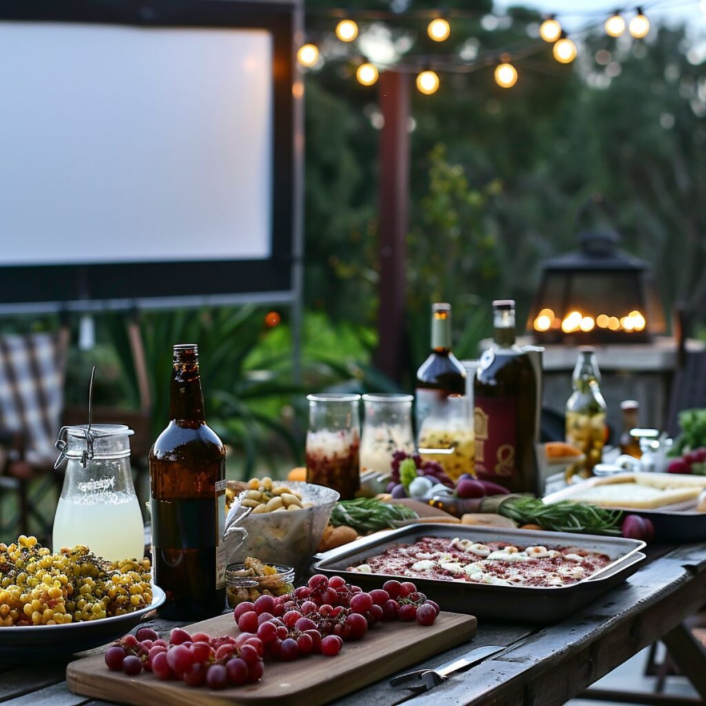 Outdoor movie screen and a table with Italian dinner. 