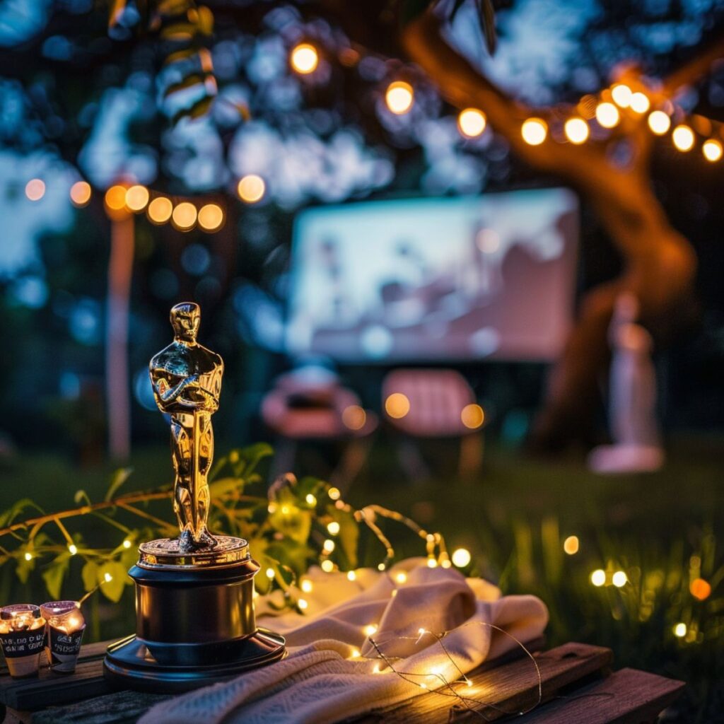 A gold statue award sitting on an outdoor table with a movie screen in the background.