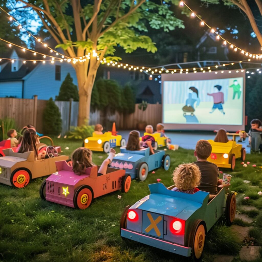 Backyard movie night with boxes decorated like cars and kids sitting in them watching the movie.