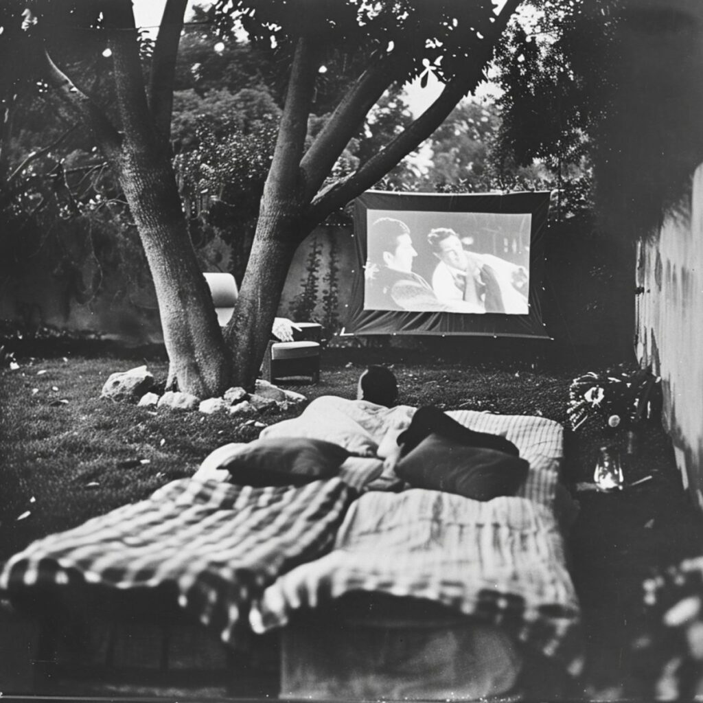 Black and white photo of a backyard movie night.