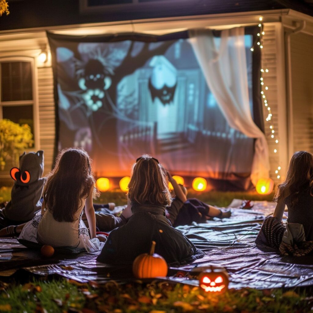 Backyard with kids dressed up for halloween watching a scary movie.