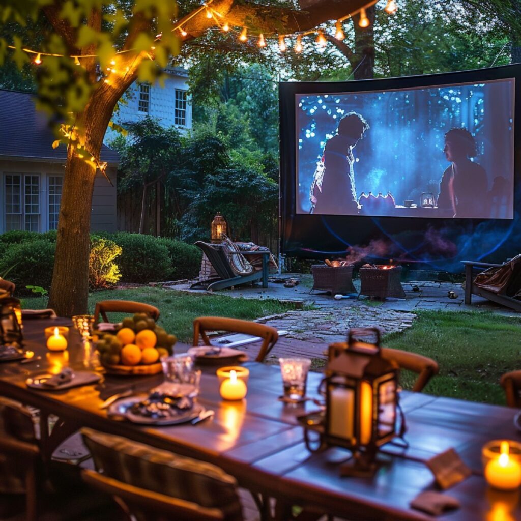 Backyard setting with a table and a movie screen.