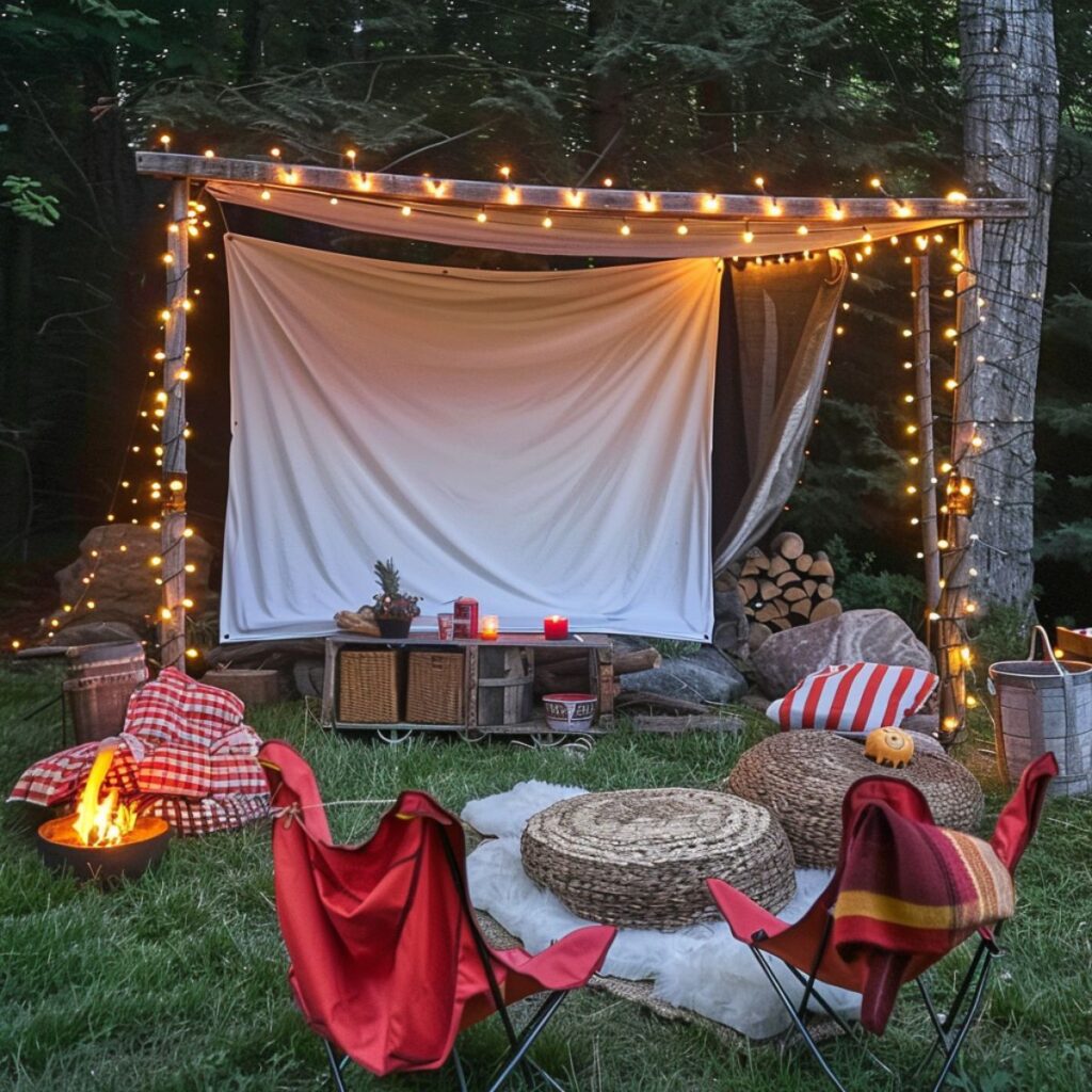 Fold up camping chairs, a fire pit, and a DIY outdoor movie screen.