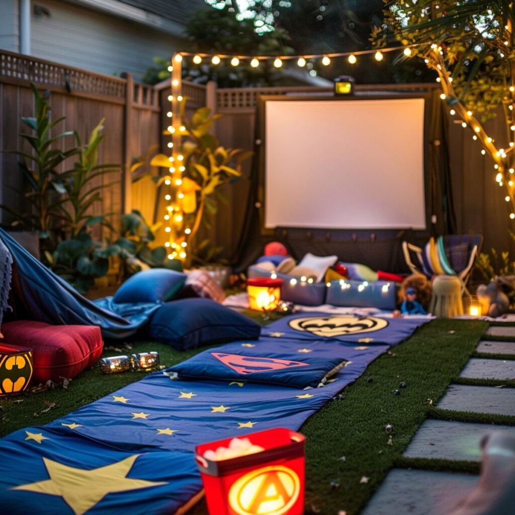 A backyard with superhero themed blankets and a movie screen. 