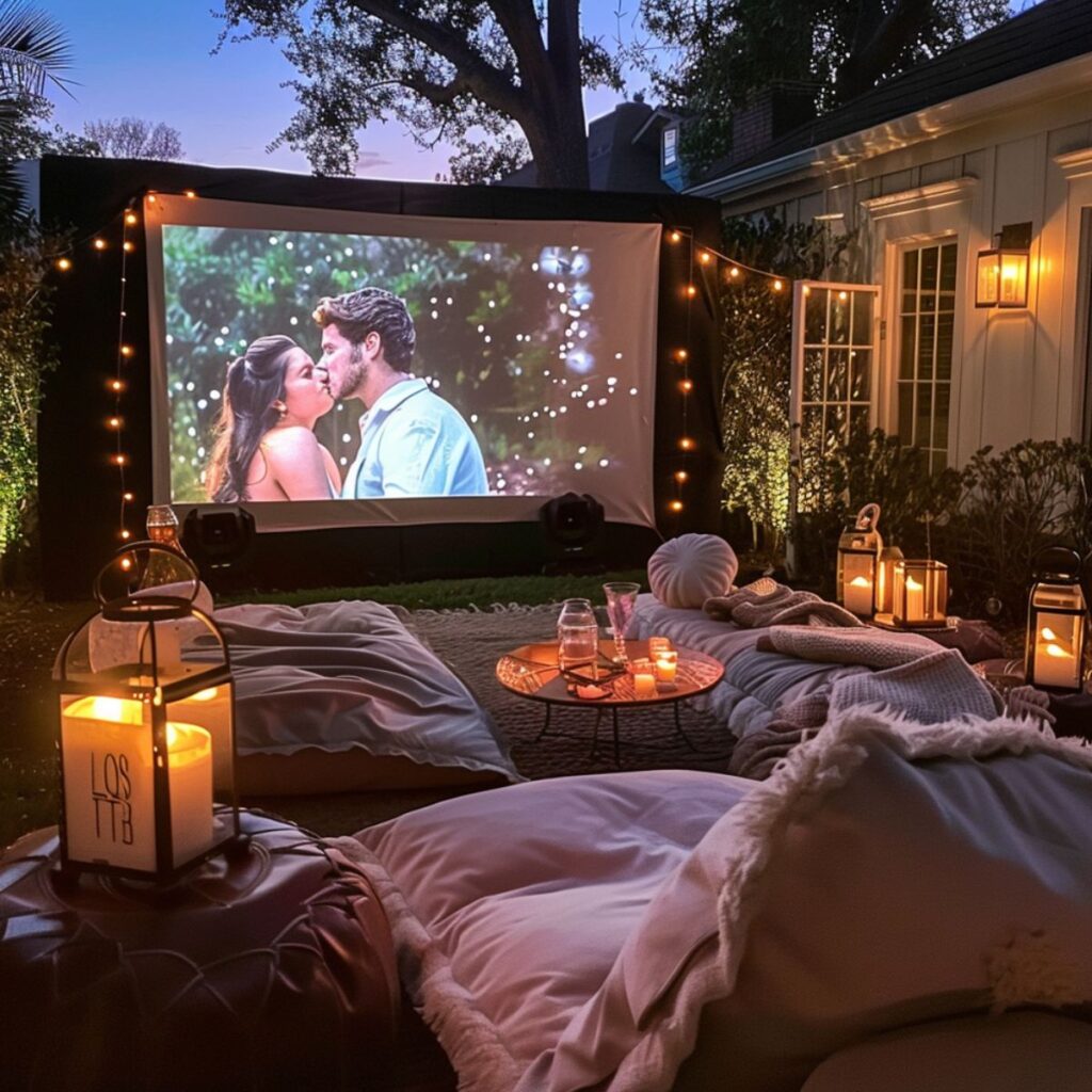 A backyard with soft cushions, candles, and a movie playing. 