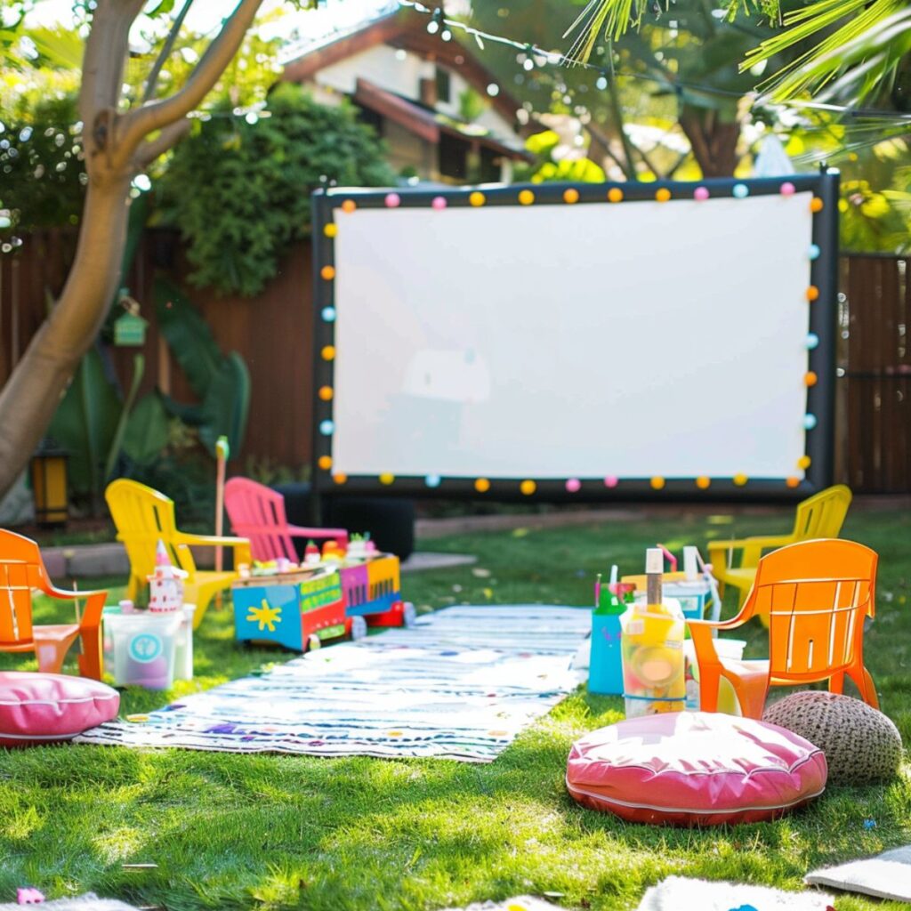 Backyard with colorful chairs and a movie screen.