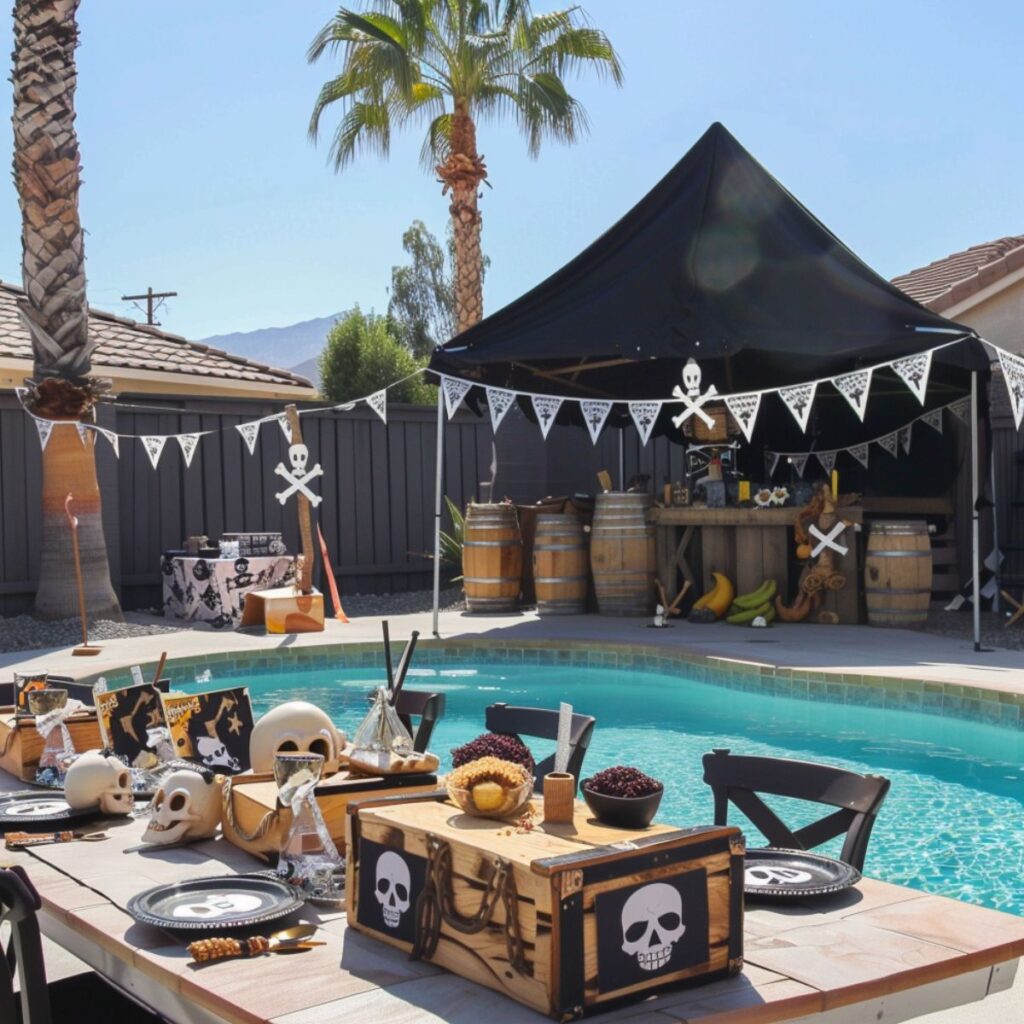 Backyard pool decorated with pirate party decorations.