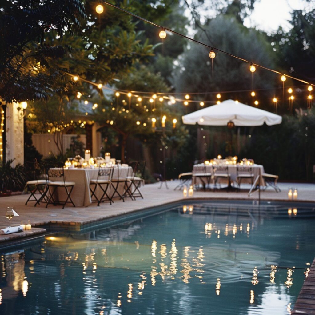 Pool with tables set with candles. 