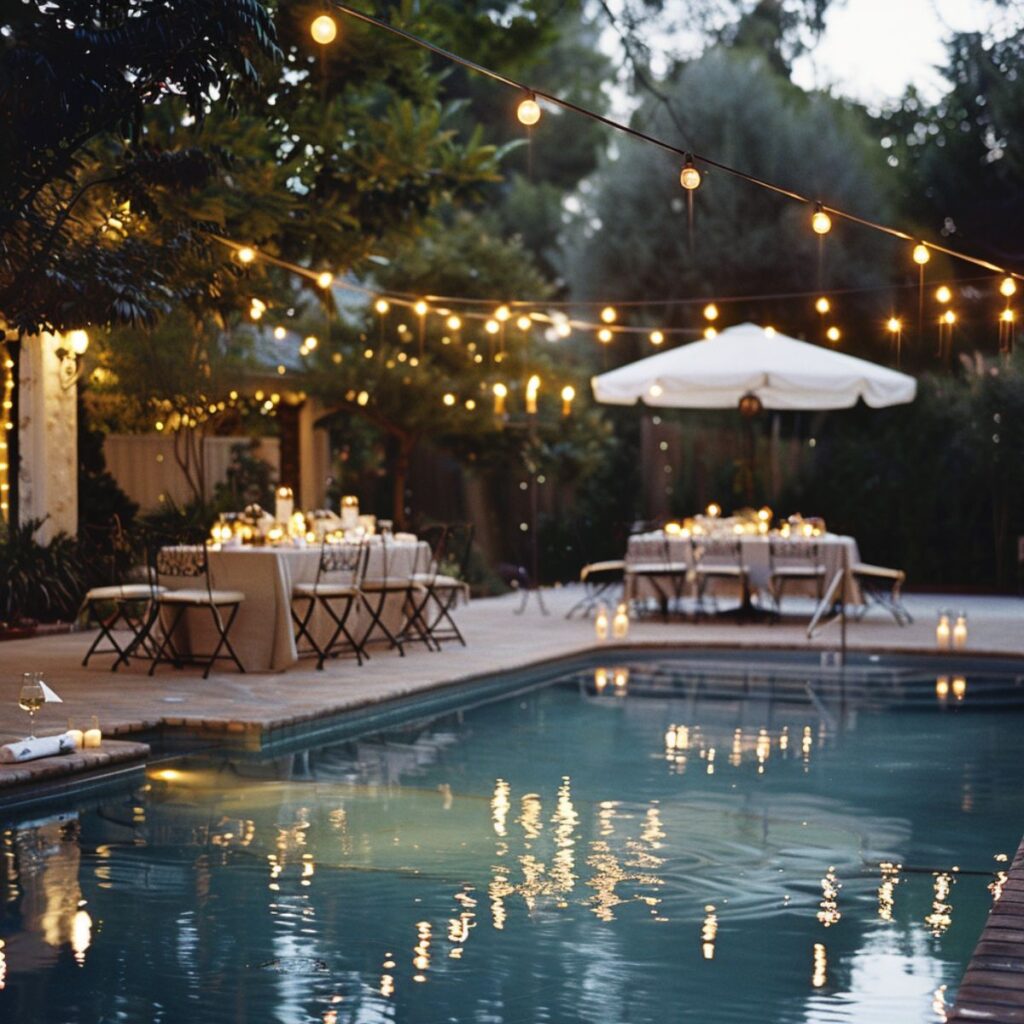 Pool with tables set with candles.