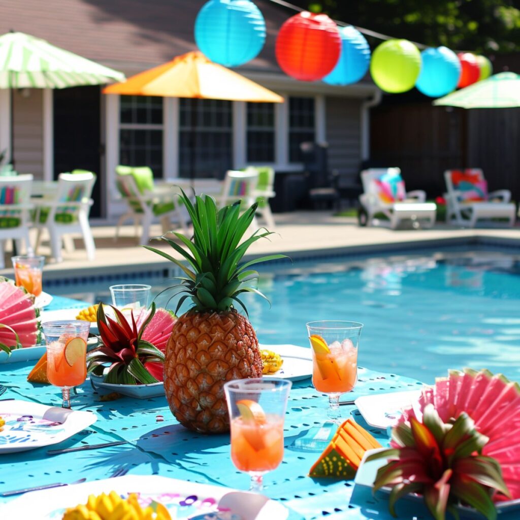 Backyard pool decorated with a table with a pineapple and tropical table setting.