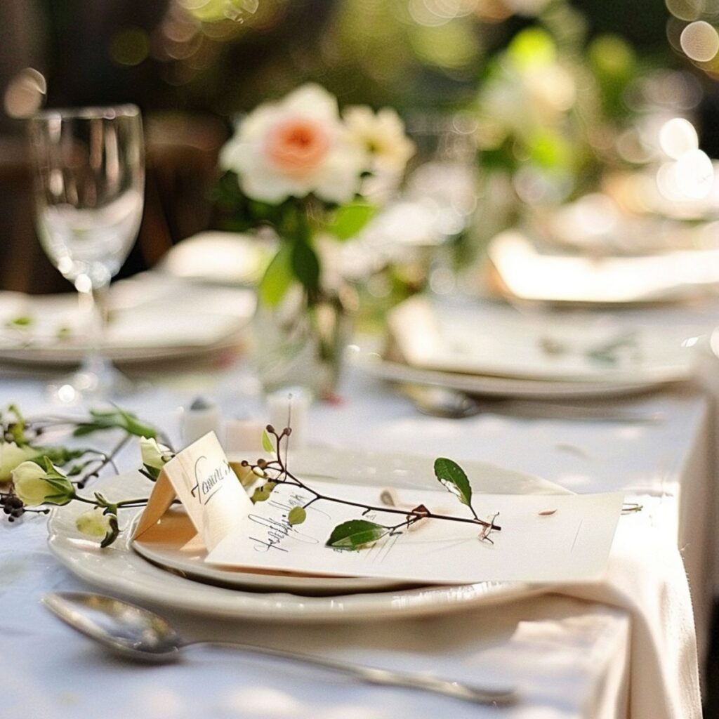 Table with a plate and place card on the plate.