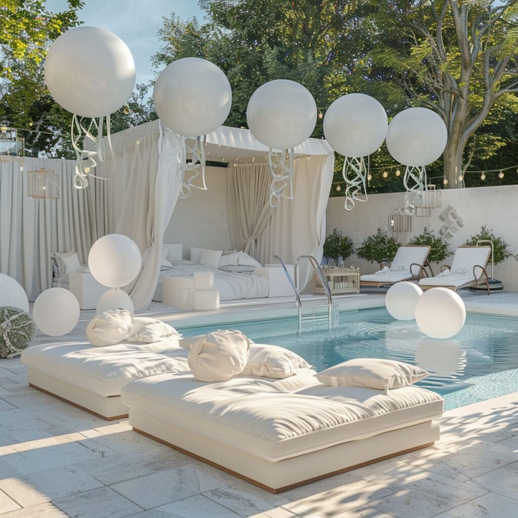 Backyard pool decorated with white balloons and a white tent.