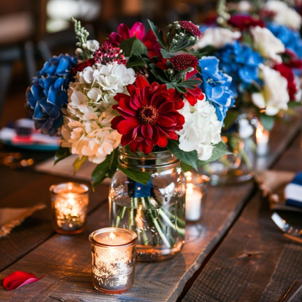 Table with mason jars filled with red, white, and blue flowers. 
