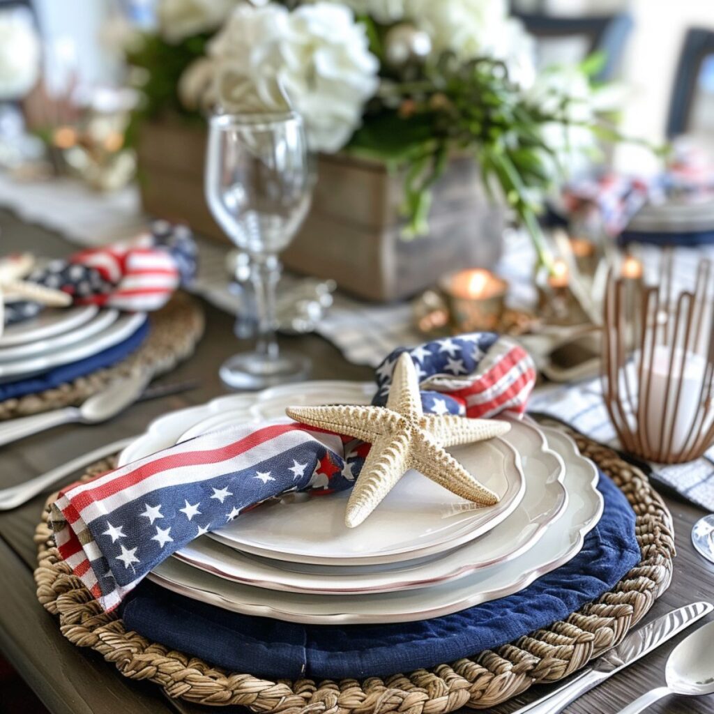 Table set with plates, stars and stripes napkin, and a starfish decoration.
