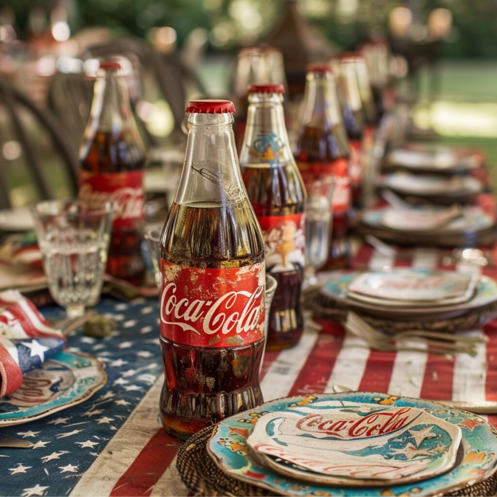 Bottles of Coca-Cola on a table set with 4th of july decor. 