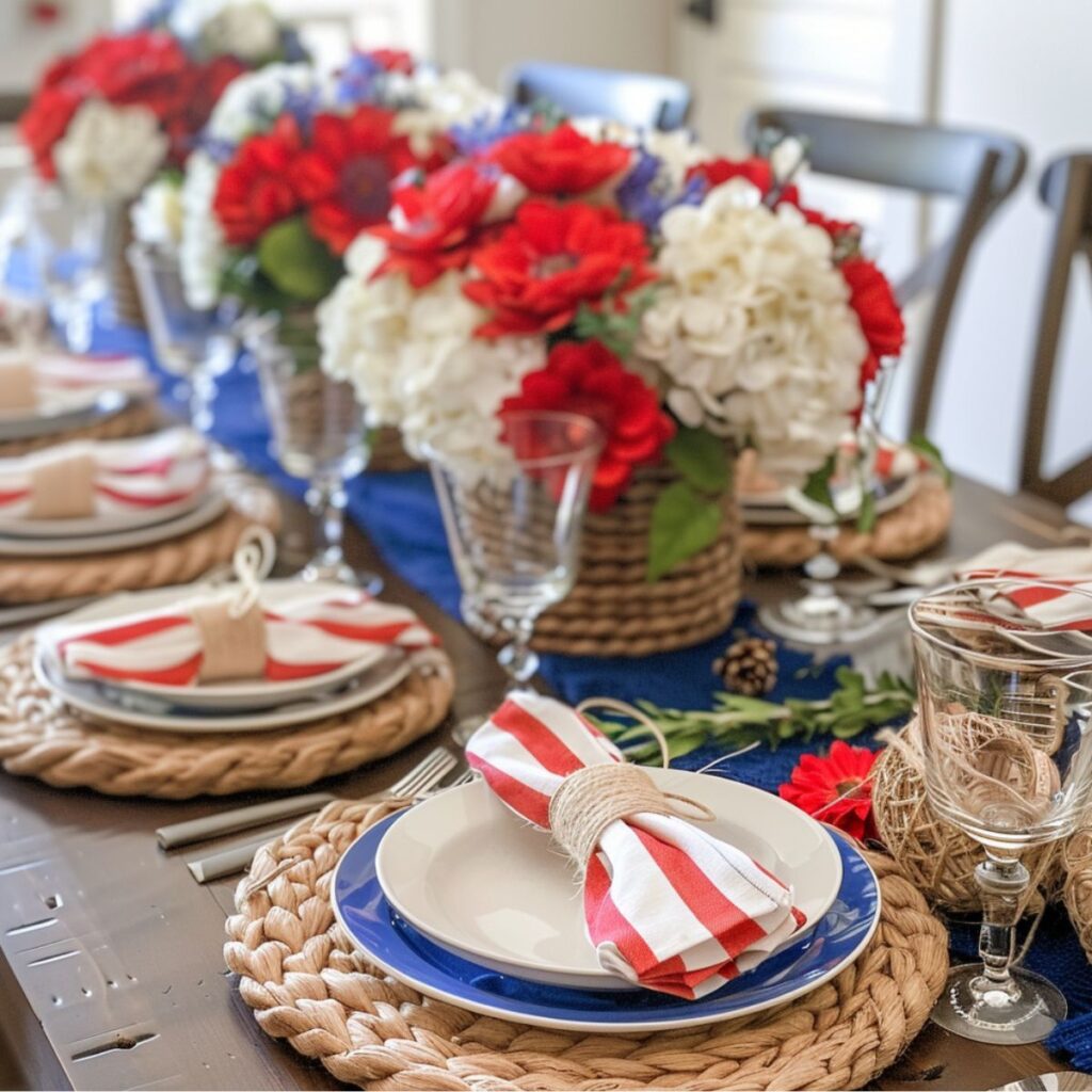 Table set with red and white flowers, blue plates, and striped napkin.