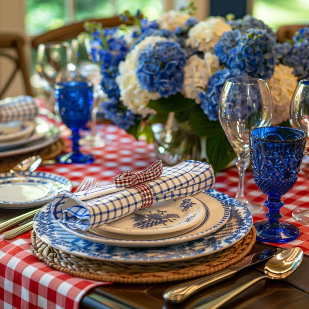 Table set with red table cloth and blue and white flowers. 