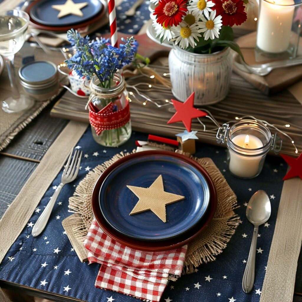 Table wet with a blue plate, red checked napkin, and flowers. 