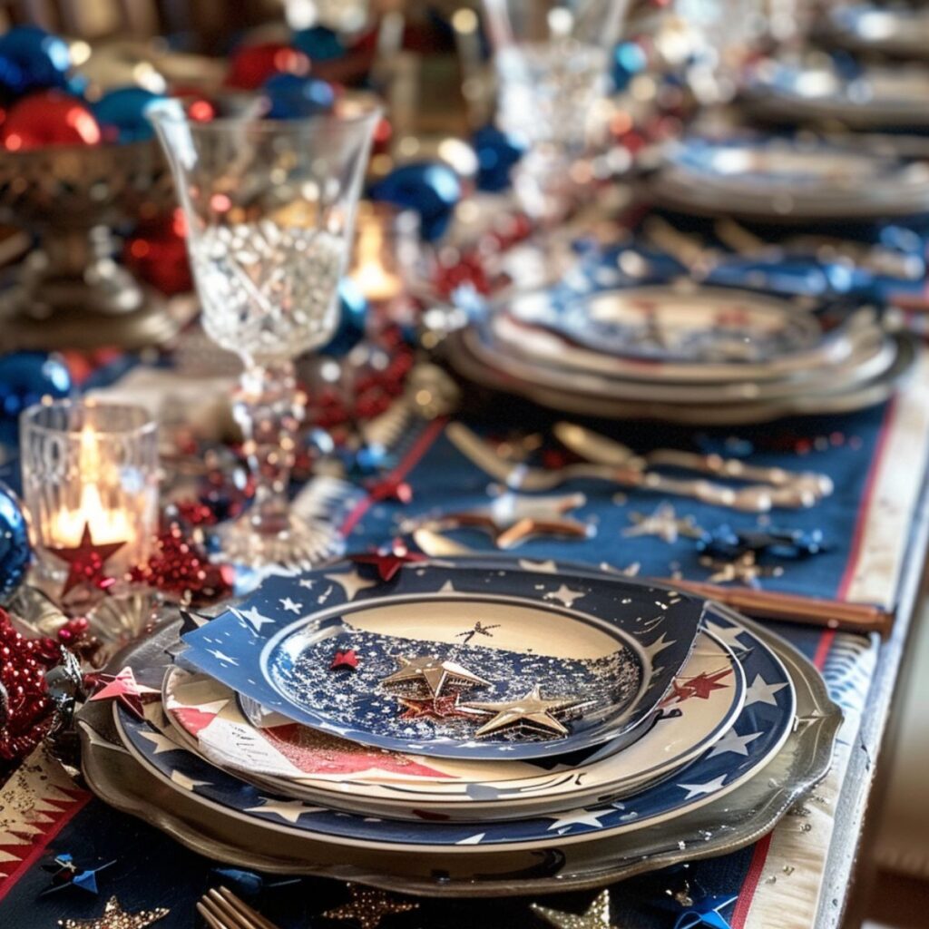 Table set in red, white, and blue, with sparkly stars. 