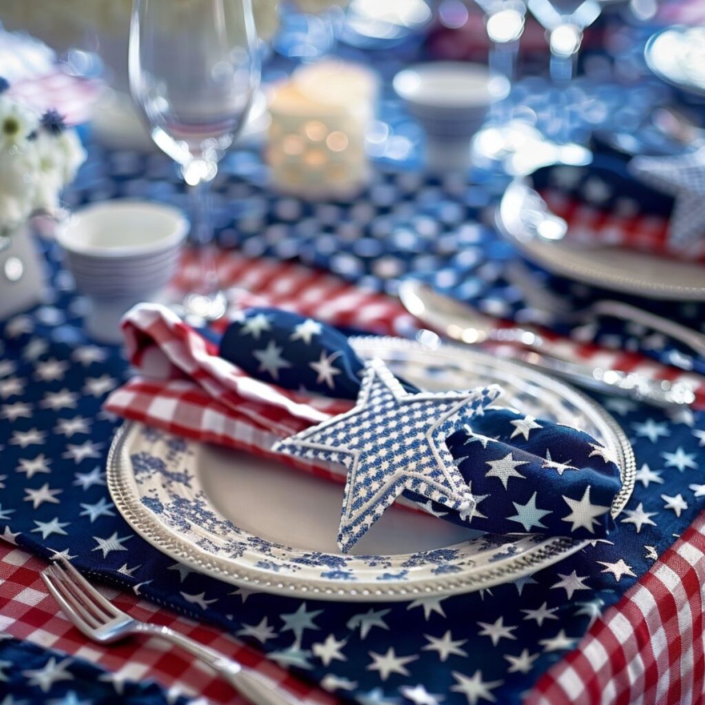 Table with blue star napkins and plates. 
