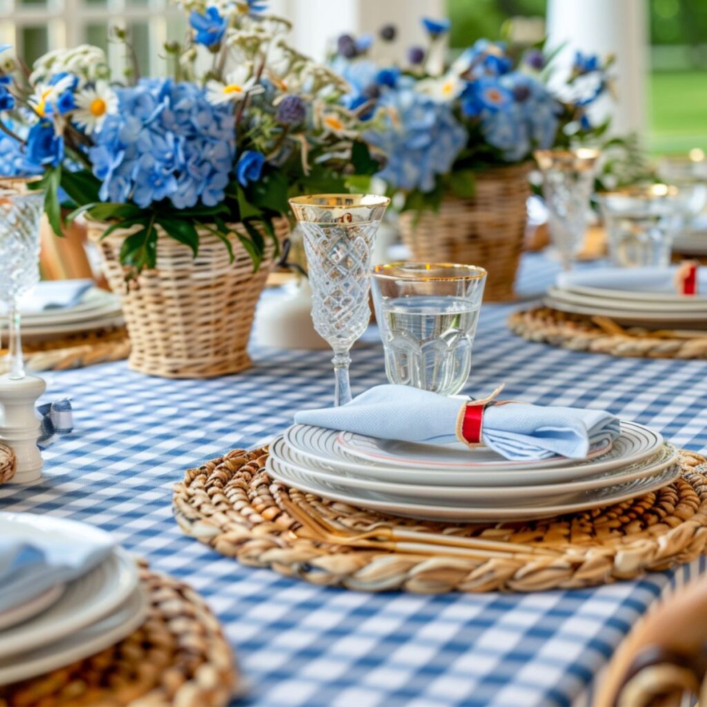 Table with a blue gingham tablecloth, and blue hydrangeas.