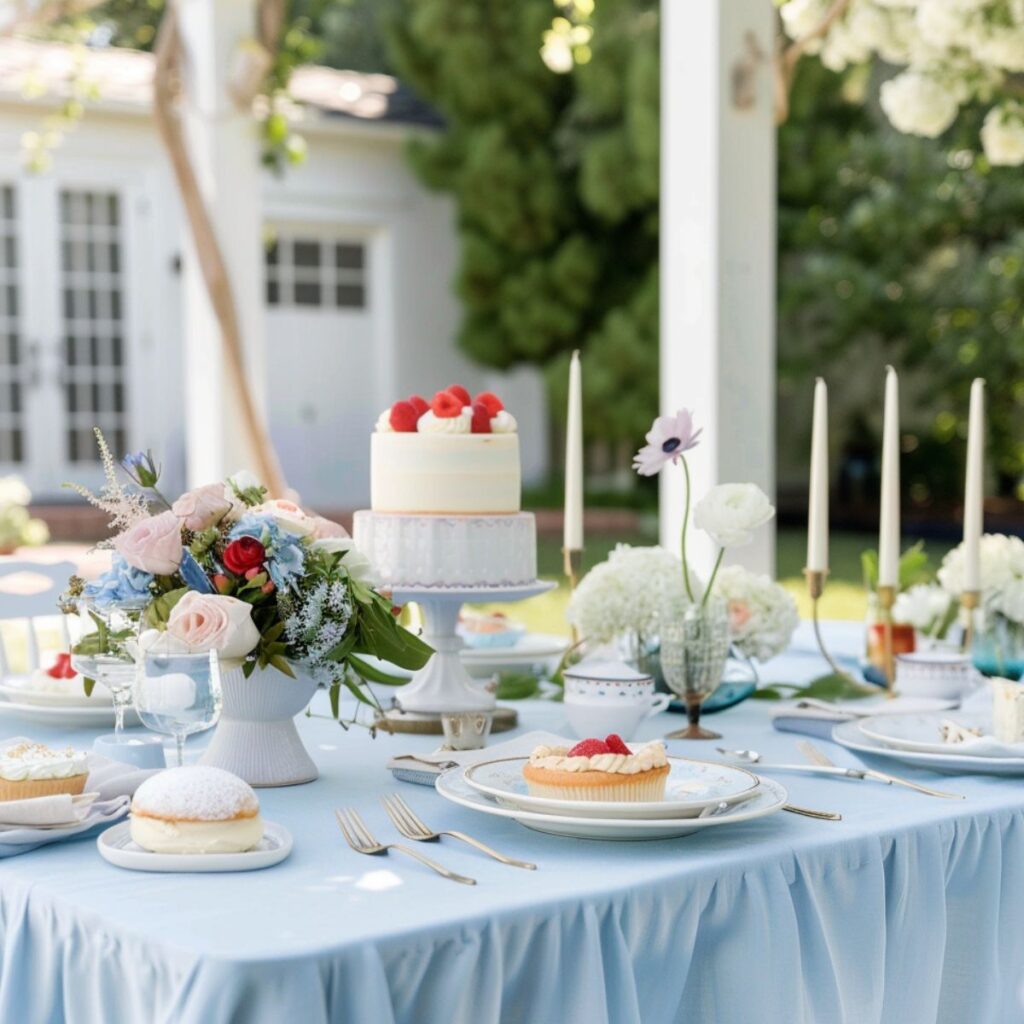 Table outside set with a light blue tablecloth, candles, and a tiered cake with strawberries.