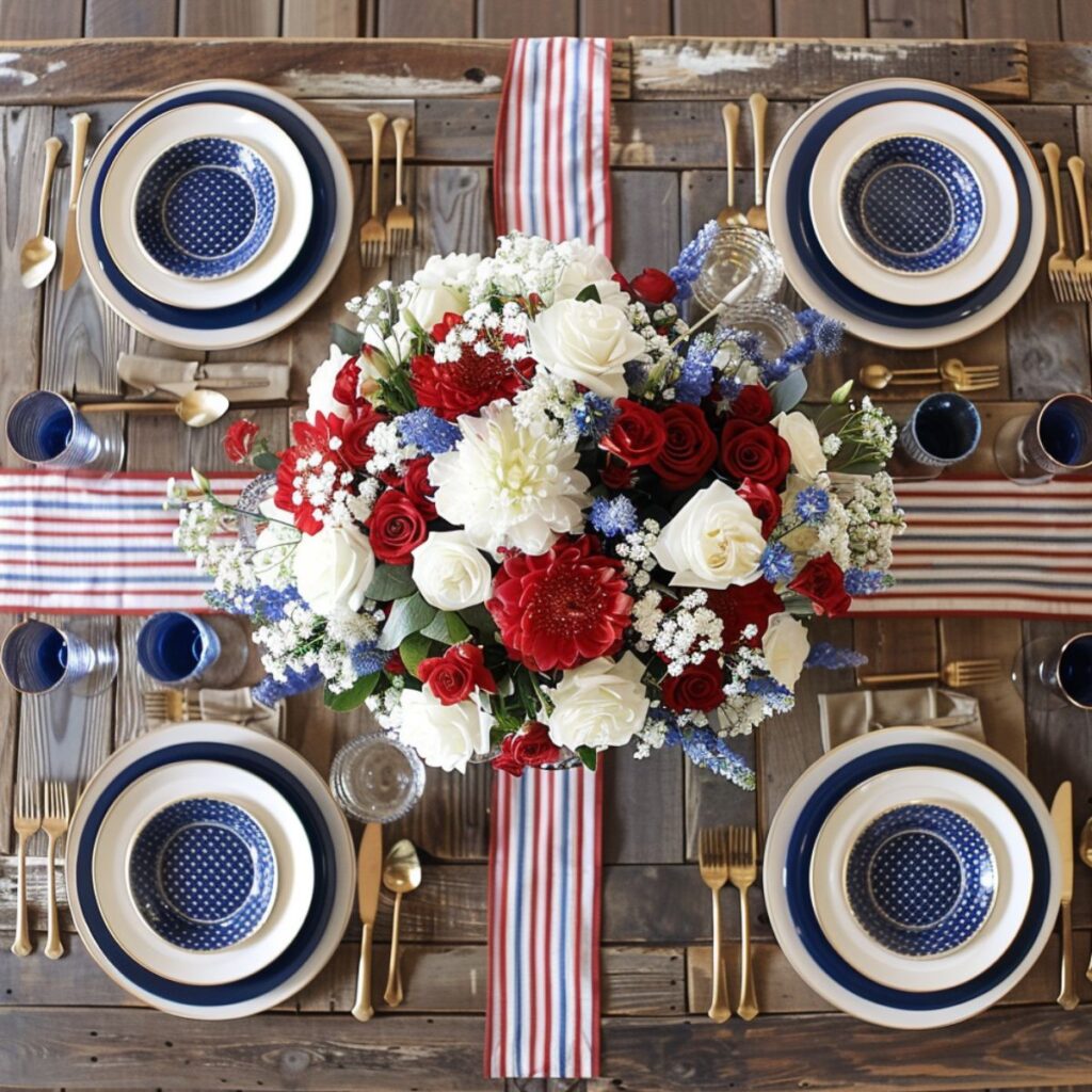 Wooden table set with blue plates, red, white, and blue flowers. 
