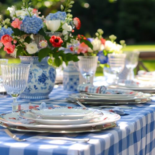Table outside set with a blue checked tablecloth and flowers.