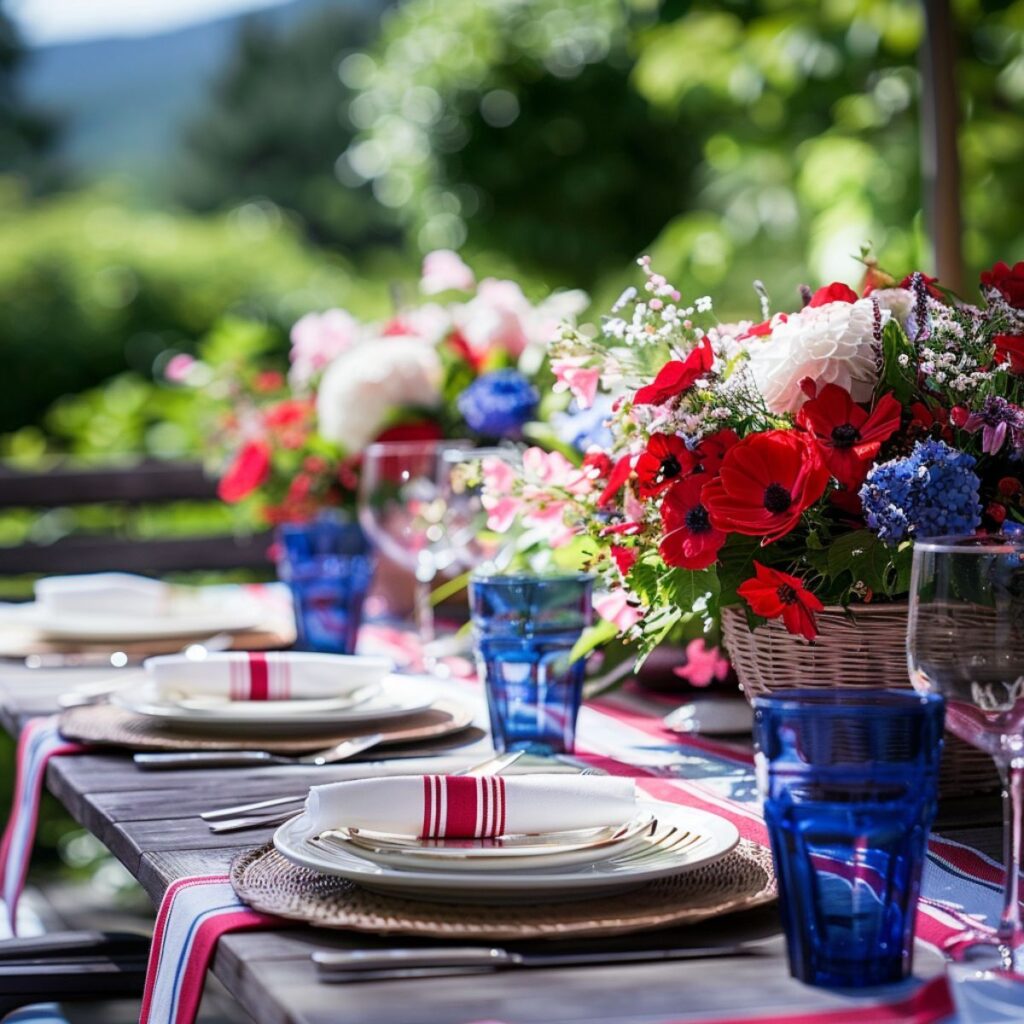 Outside table set with white plates and blue glasses. 