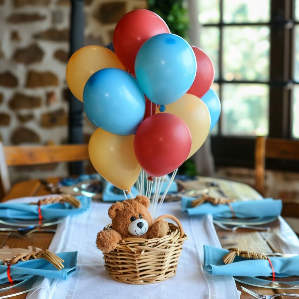 Table with a centerpiece of a stuffed bear in a basket and balloons. 