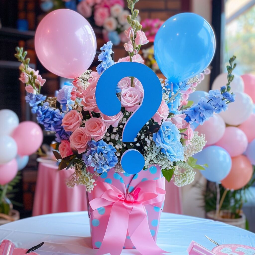 Pink box with pink and blue flower, balloons, and question mark.
