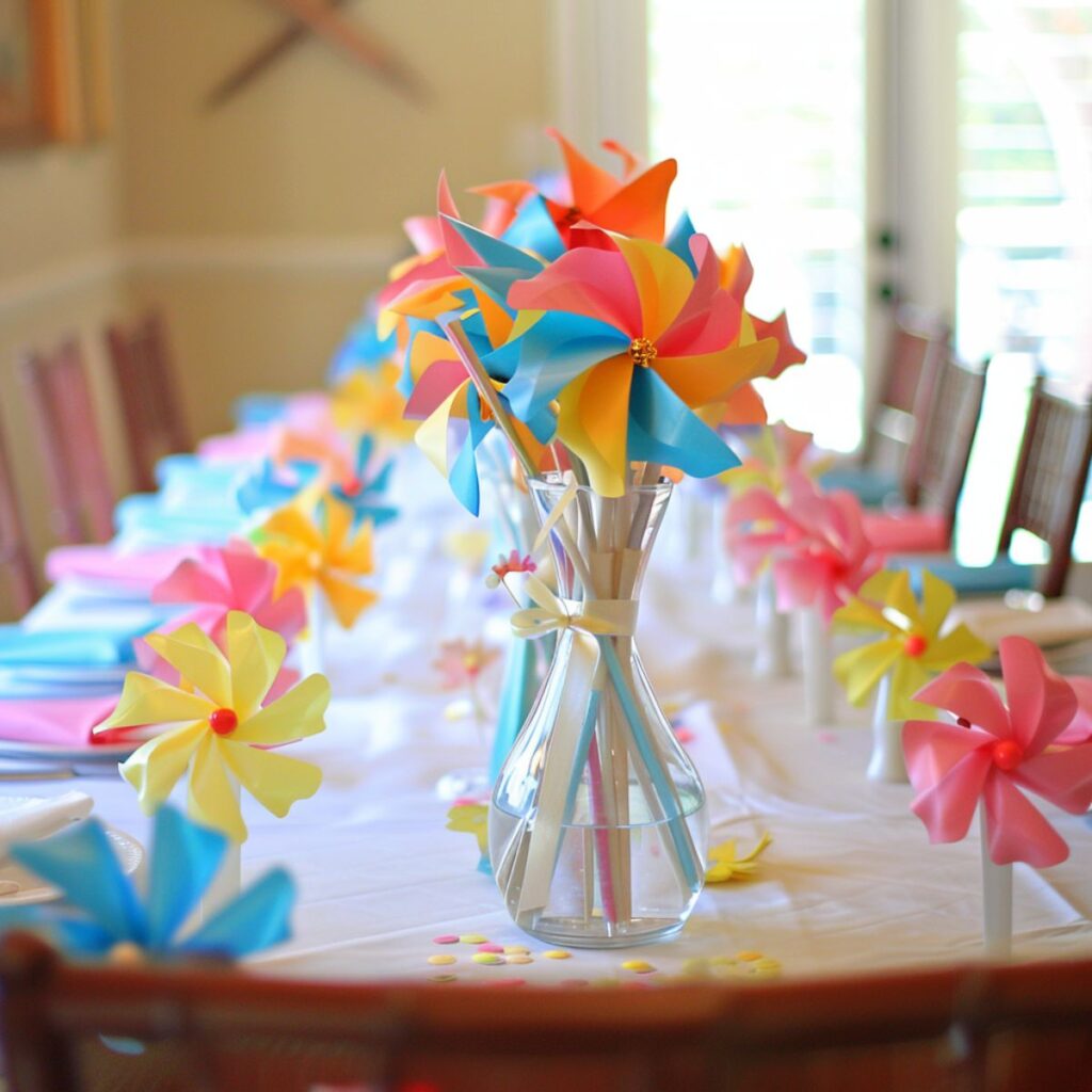 Table with pinwheels in a vase.