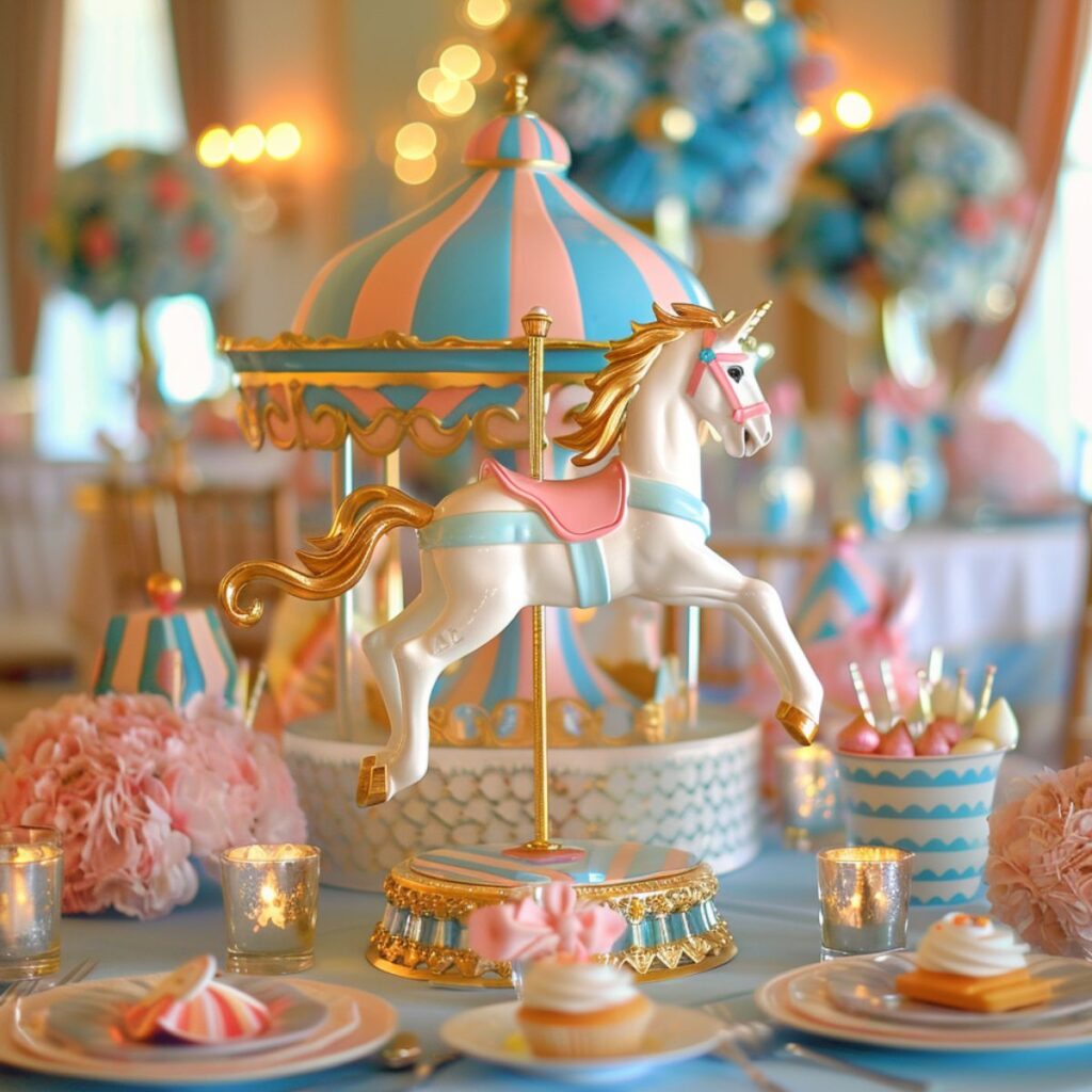Small carousel horse on a table set for a baby shower.