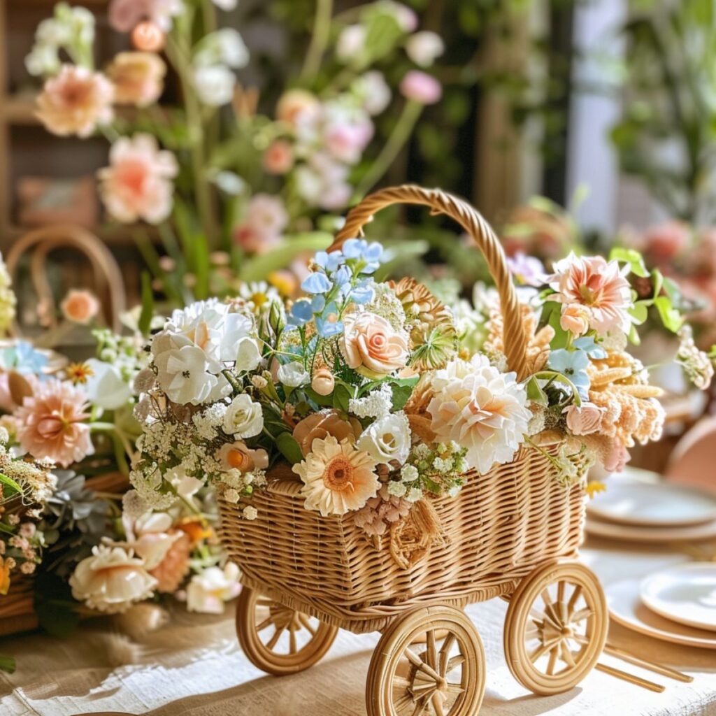 Wicker basket on a table full of flowers.