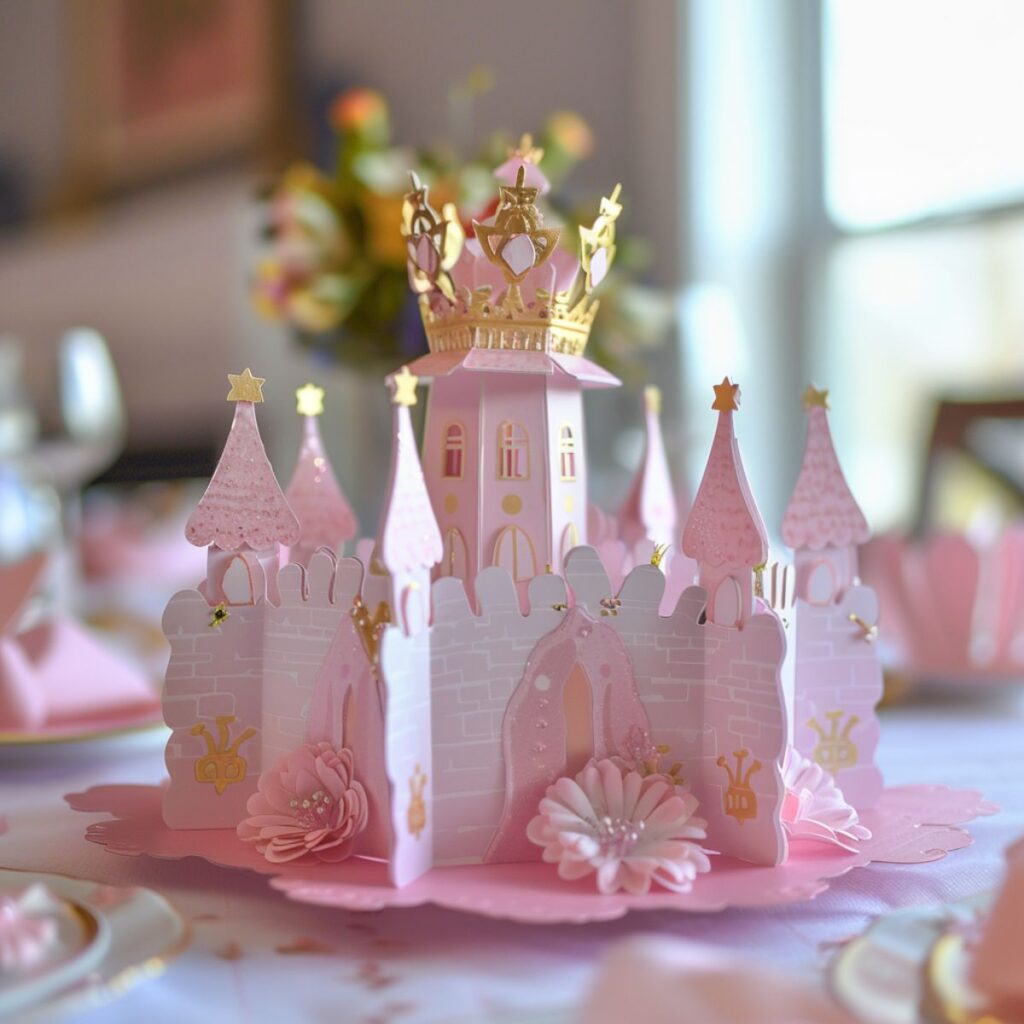 Paper pink castle as a centerpiece on a table. 