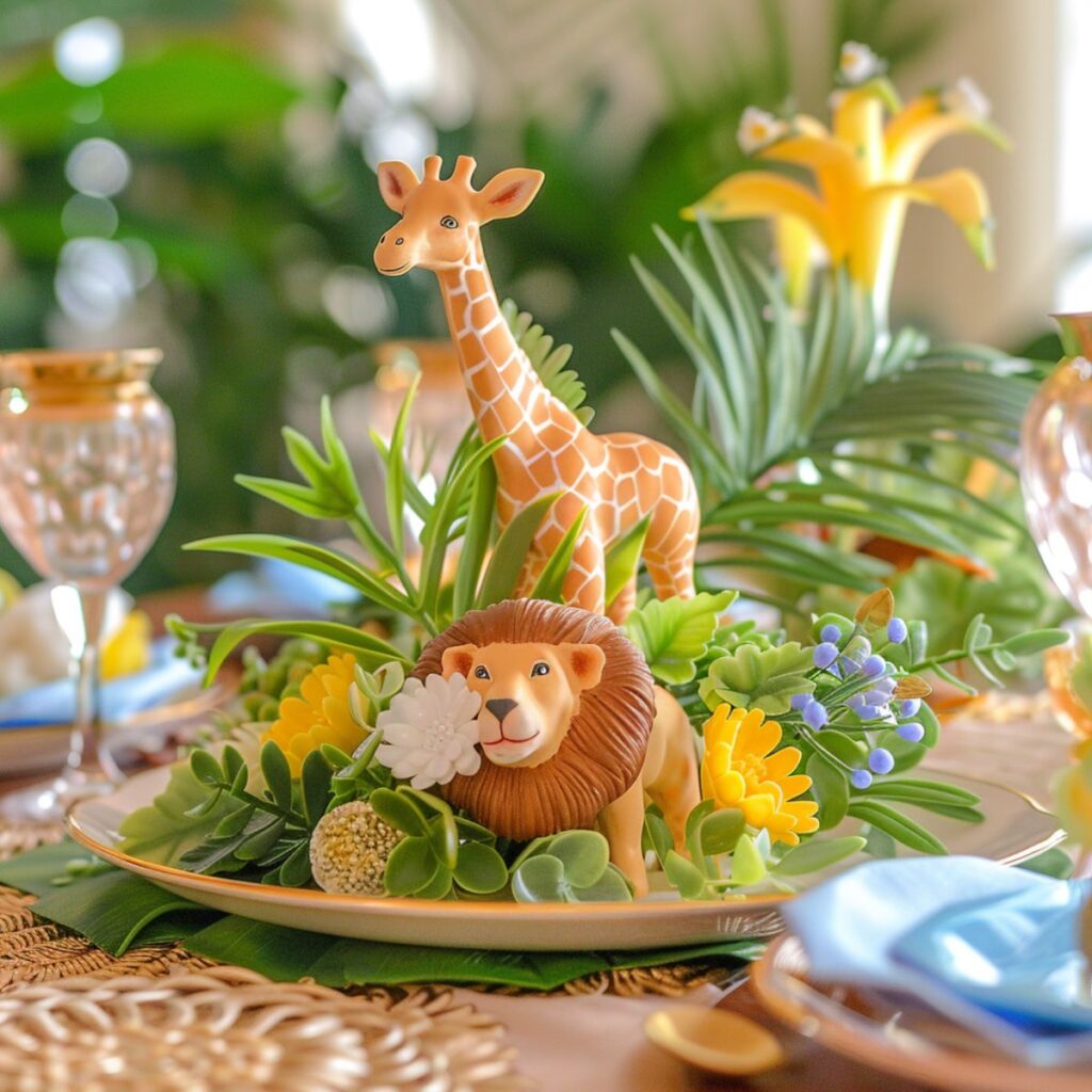 Plate with toy giraffe and lion on a table. 