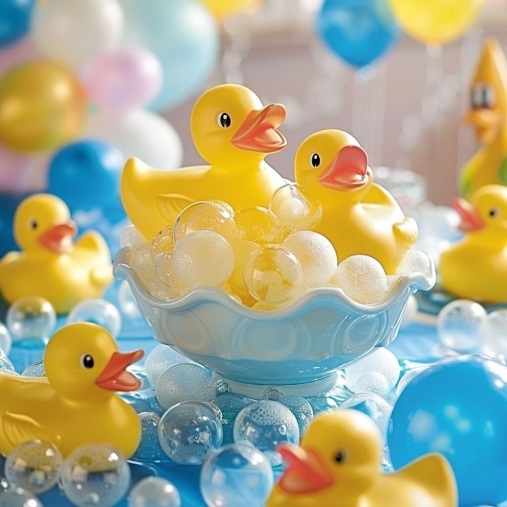A table centerpiece that is made of a blue bowl filled with yellow rubber duckies. 