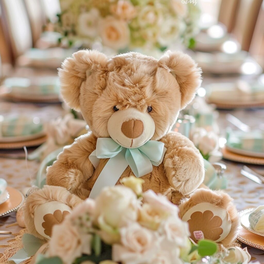 Fluffy teddy bear on a table set for a baby shower.
