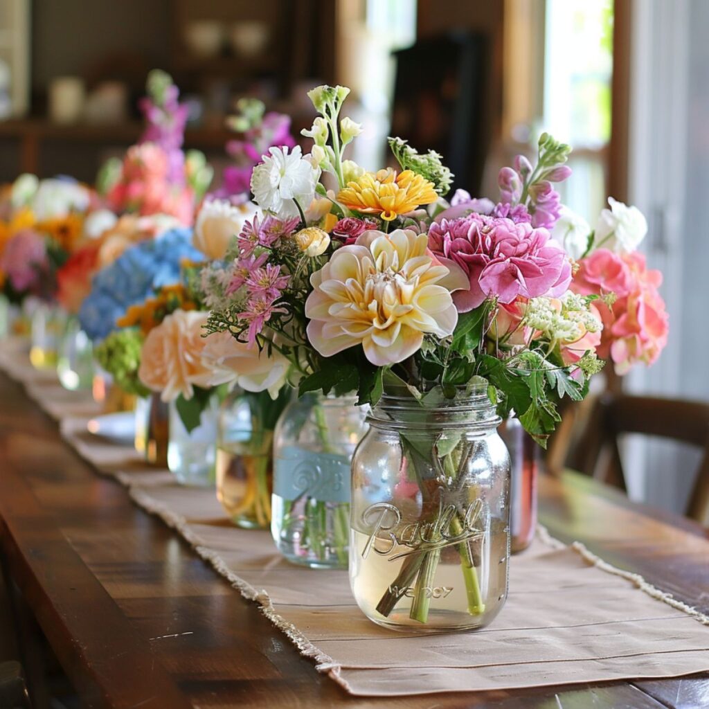 Table with mason jars filled with colorful flowers. 