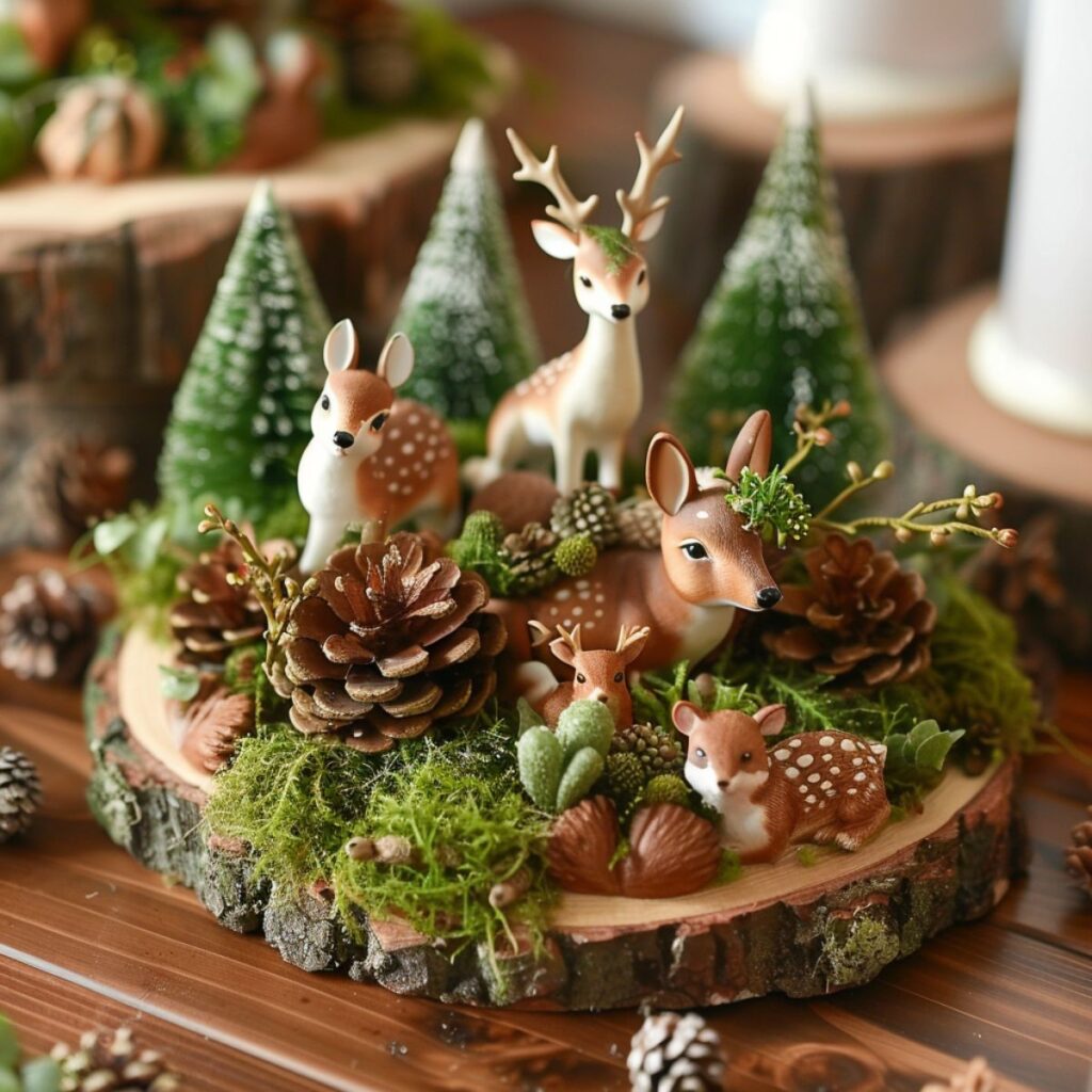 A table centerpiece with miniature deer, trees, and pinecones.