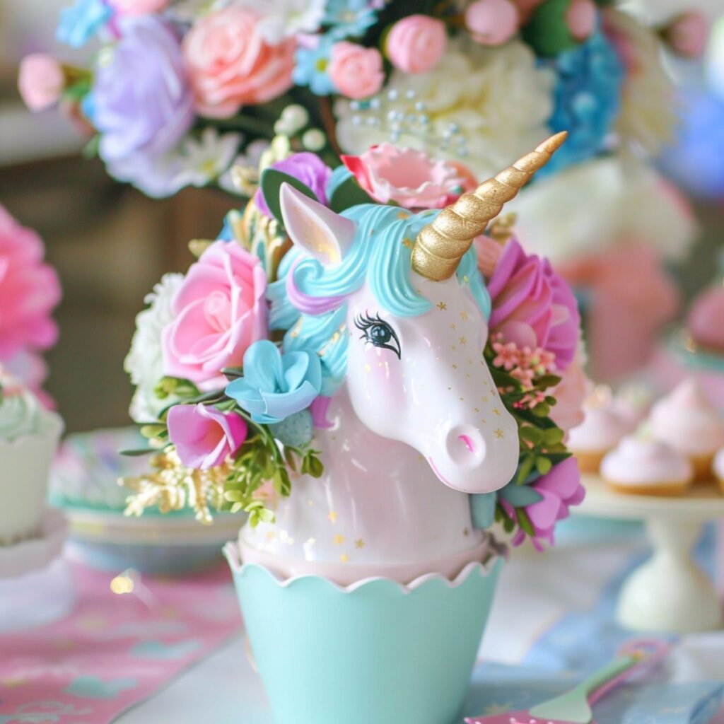 Unicorn head in a flower pot with flowers. 