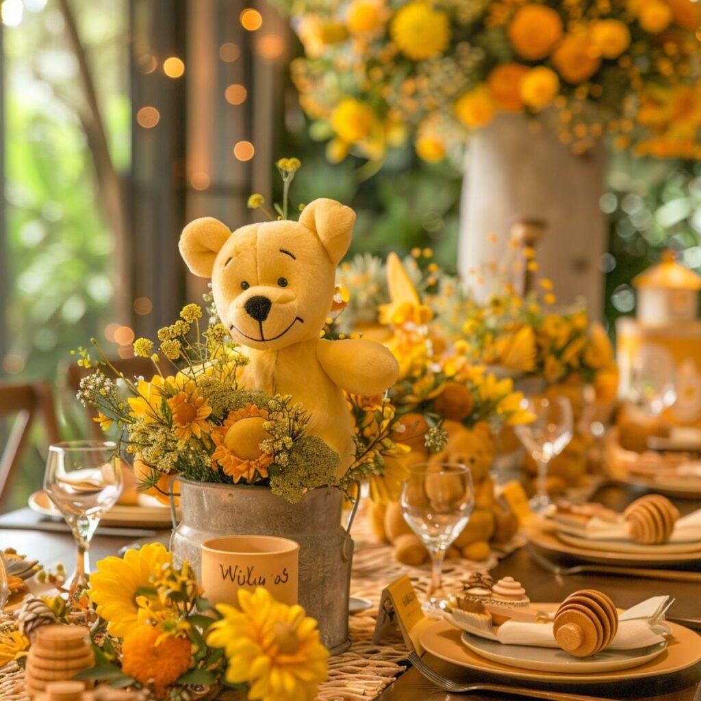 Table set with yellow flowers, dishes, and a yellow teddy bear. 